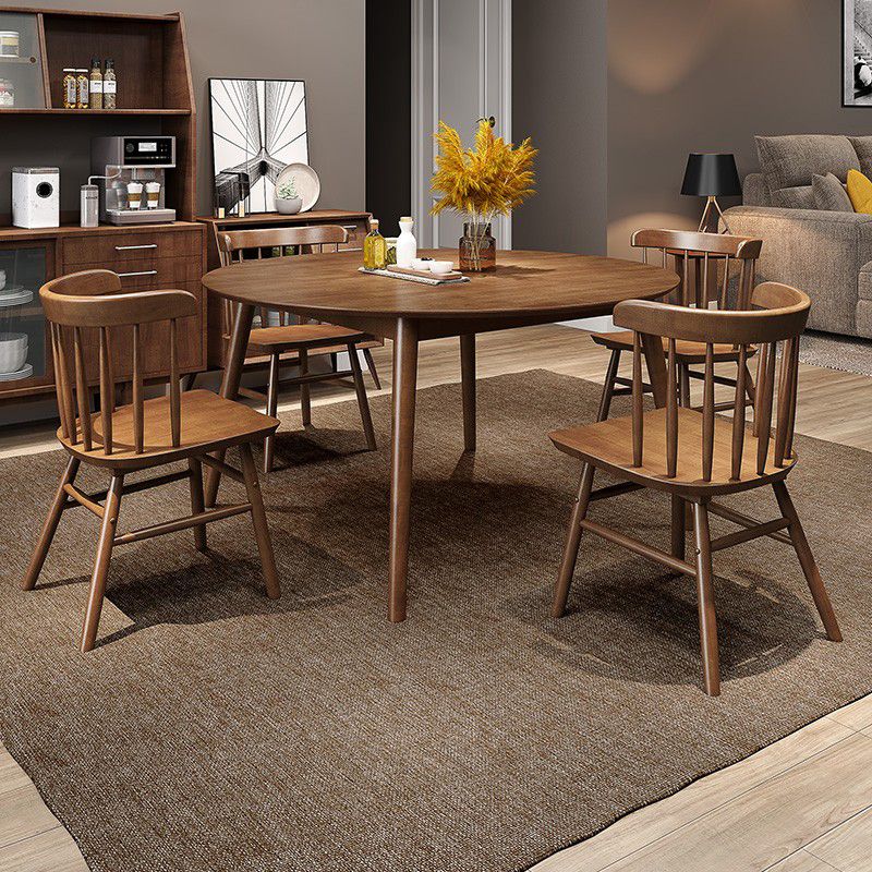 Round Dining Table Modern 4 Legs Wood Color Fixed Table of Solid Wood