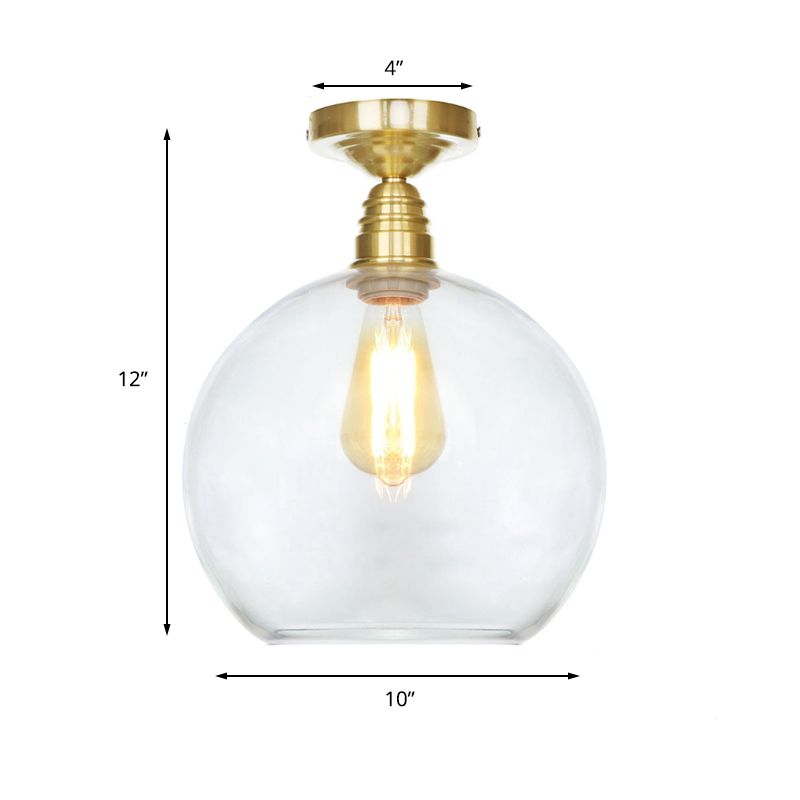 1 Light Spherical Semi Flush Light Brass Industrial Clear/Amber Glass Ceiling Mount, 8"/10"/12" Wide