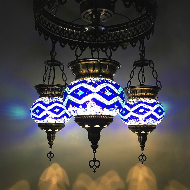 Stained Art Glass Oval Chandelier Lighting Traditional 3 Heads Bedroom Ceiling Chandelier in Yellow/Orange/Blue