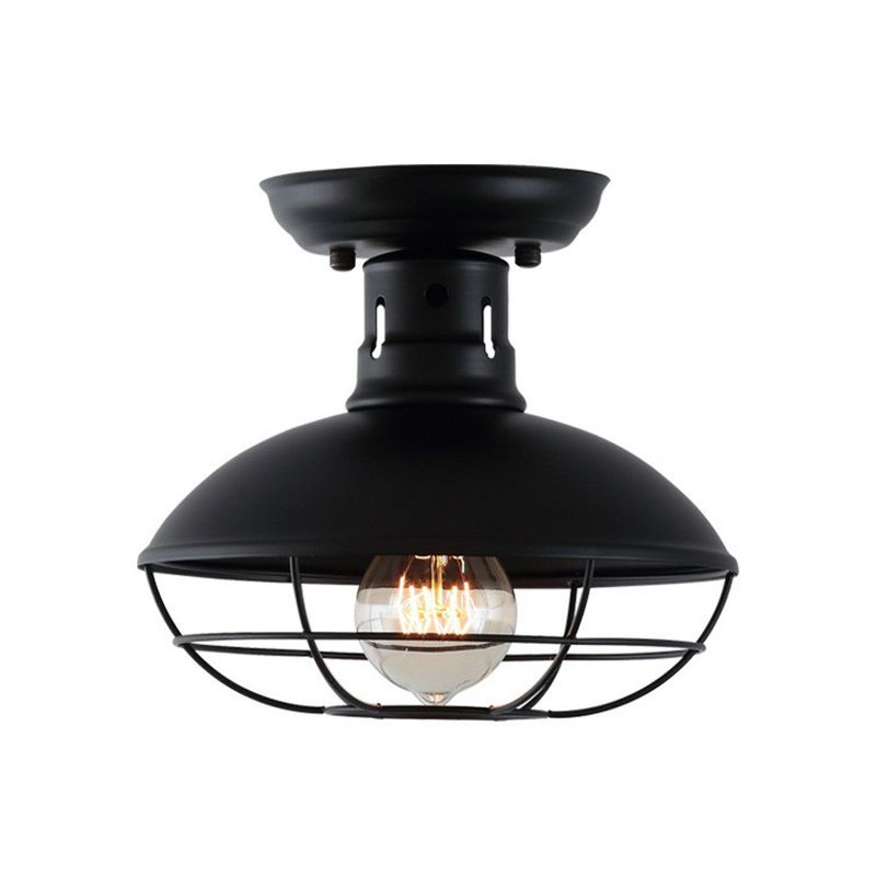 Metal Bowl Shaped Ceiling Lamp Farmhouse 1 Head Corridor Semi Flush Mount Light with Cage in Black