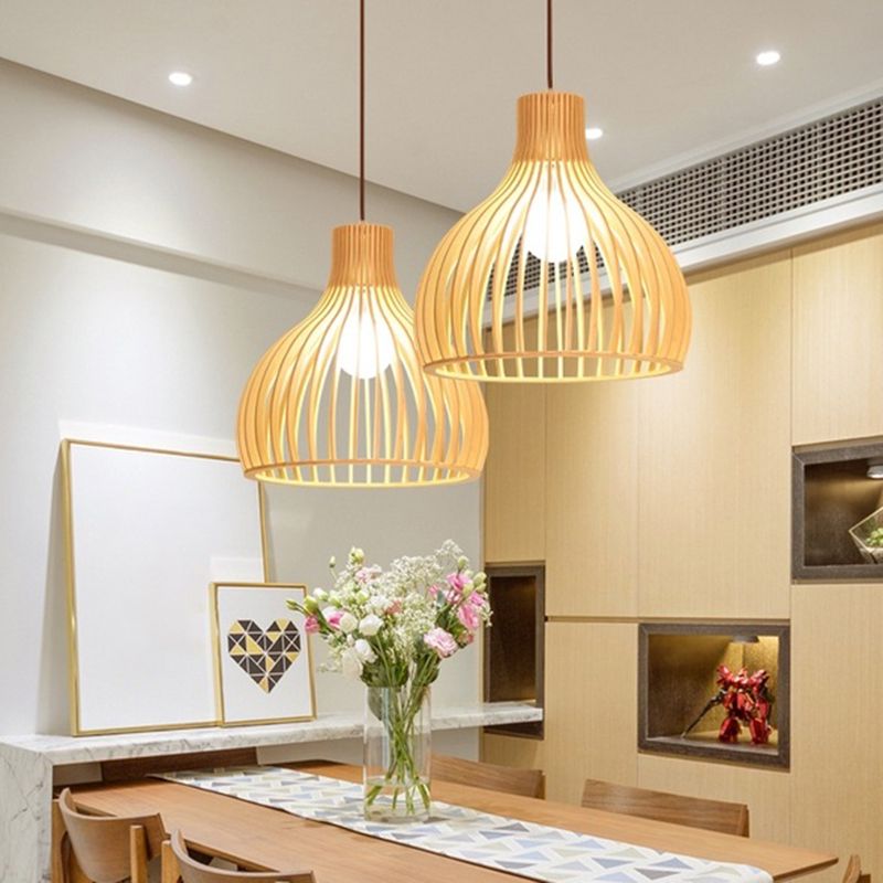 Shaded Dining Room Pendant Light Wood Single-Bulb Contemporary Suspension Light Fixture