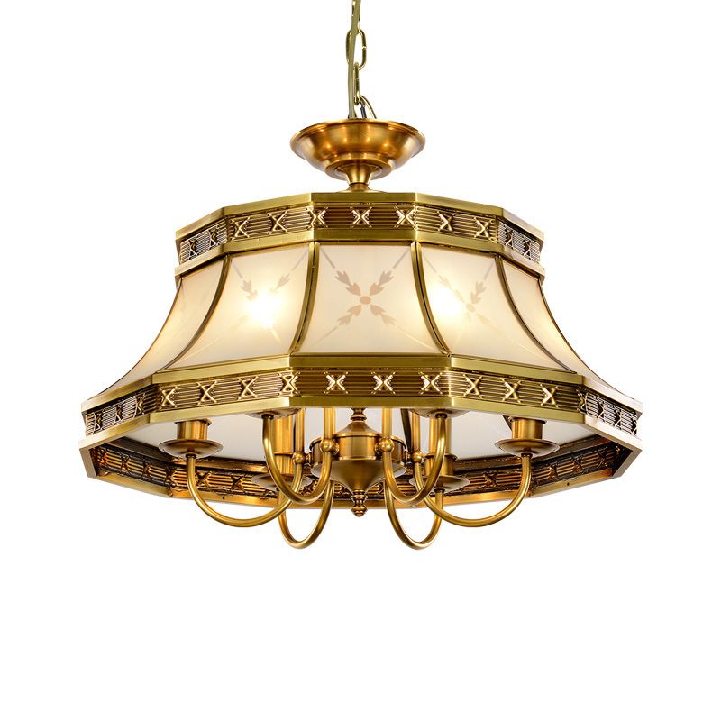 4 Bulbs Sandblasted Glass Chandelier Colonial Brass Bell Bedroom Pendant Lighting Fixture