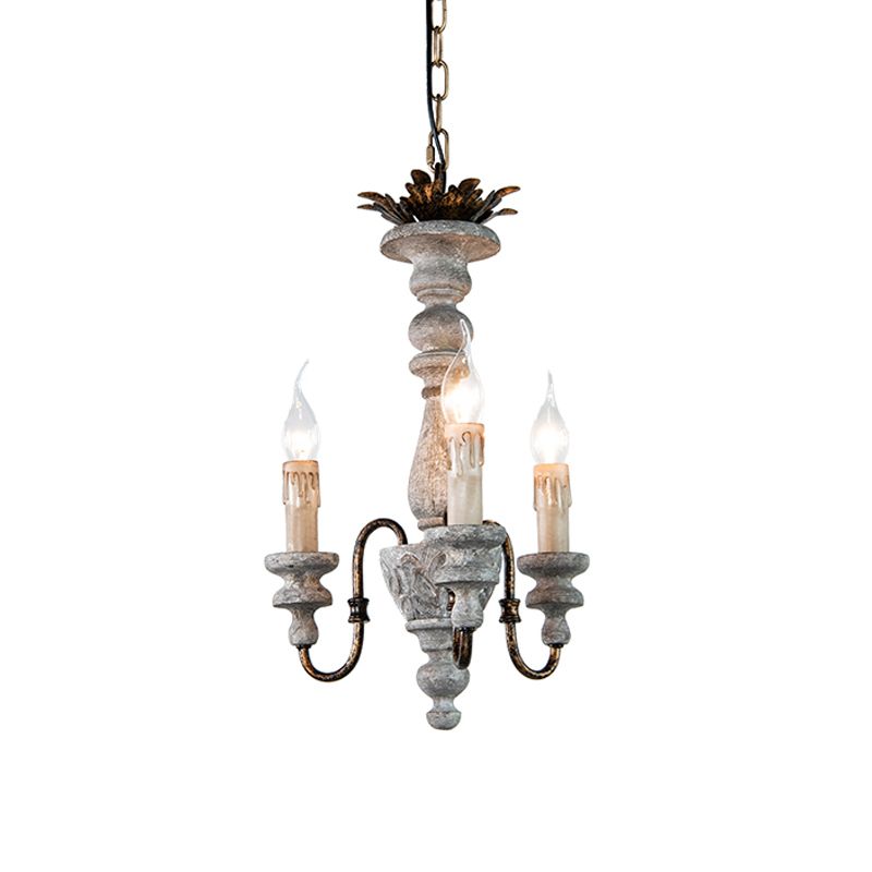 Grey Finish 3 Bulbs Hanging Chandelier Countryside Wood Candle Ceiling Suspension Light