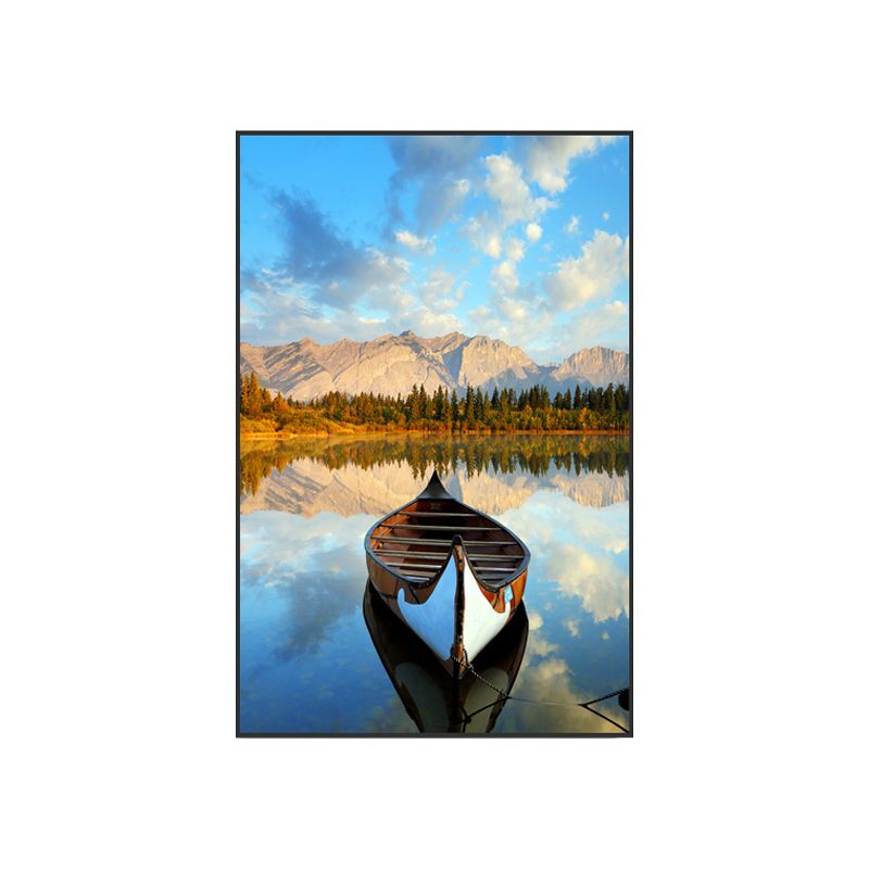 Boat Sunset Lake Scenery Canvas Contemporary Textured Wall Art Decor in Blue-Brown