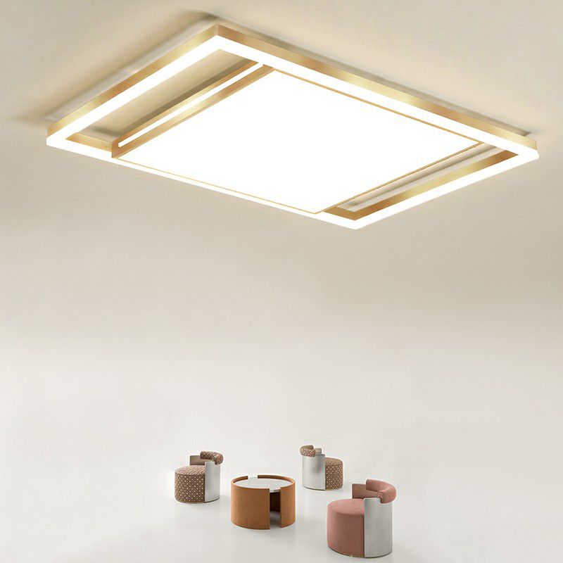 Living Room Ceiling Mounted Fixture Simple Gold Finish Flushmount Light with Rectangle Acrylic Shade