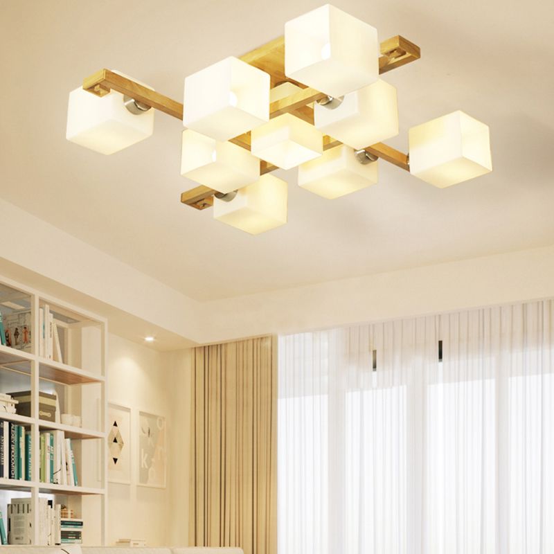 Cube Shade Living Room Ceiling Lamp Opal Glass & Wood Modern LED Flush Ceiling Light in Beige