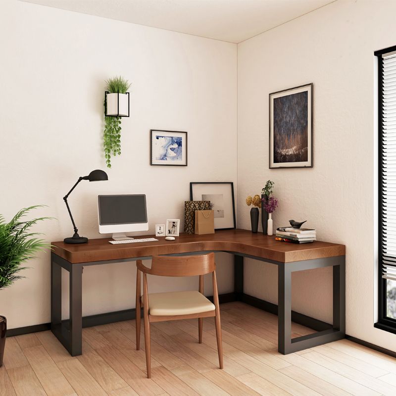 Solid Wood Trestle Writing Desk Industrial Style L-Shape Office Desk