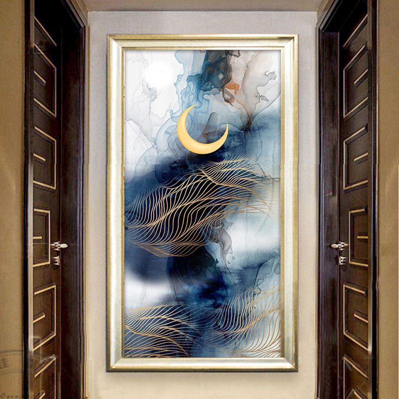 Abstract Moon-Mountain Painting Murals Contemporary Non-Woven Cloth Wall Art in Blue-Yellow
