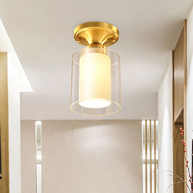 Cilindrische semi-inbouwplafondlamp met gouden afwerking Glas Eenvoudig 1-lamps semi-inbouwlamp voor hal