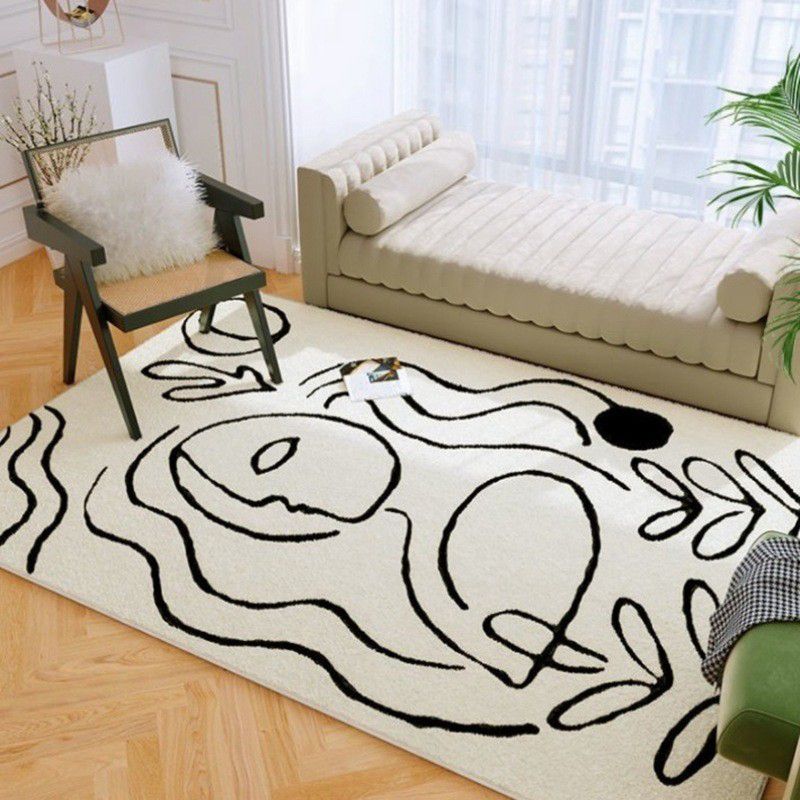 White Modern Rug Polyester Abstract Face Rug Washable Rug for Home Decoration