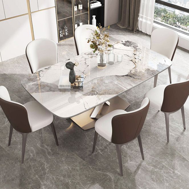 Mesa de comedor rectangular de lujo tradicional mesa de piedra sinterizada blanca con base de pedestal