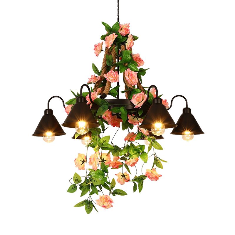 Metalen kegel kroonluchter lamp Industrial 6/8 Lights Restaurant LED plafond hanger in zwart met bloemendecoratie