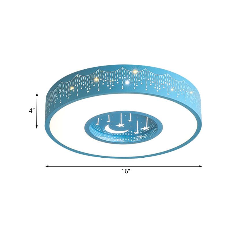 Metal Circular Flush Ceiling Light Kids LED Flush Mount Recessed Lighting with Moon and Star Pattern in Pink/Blue, 16"/19.5" W
