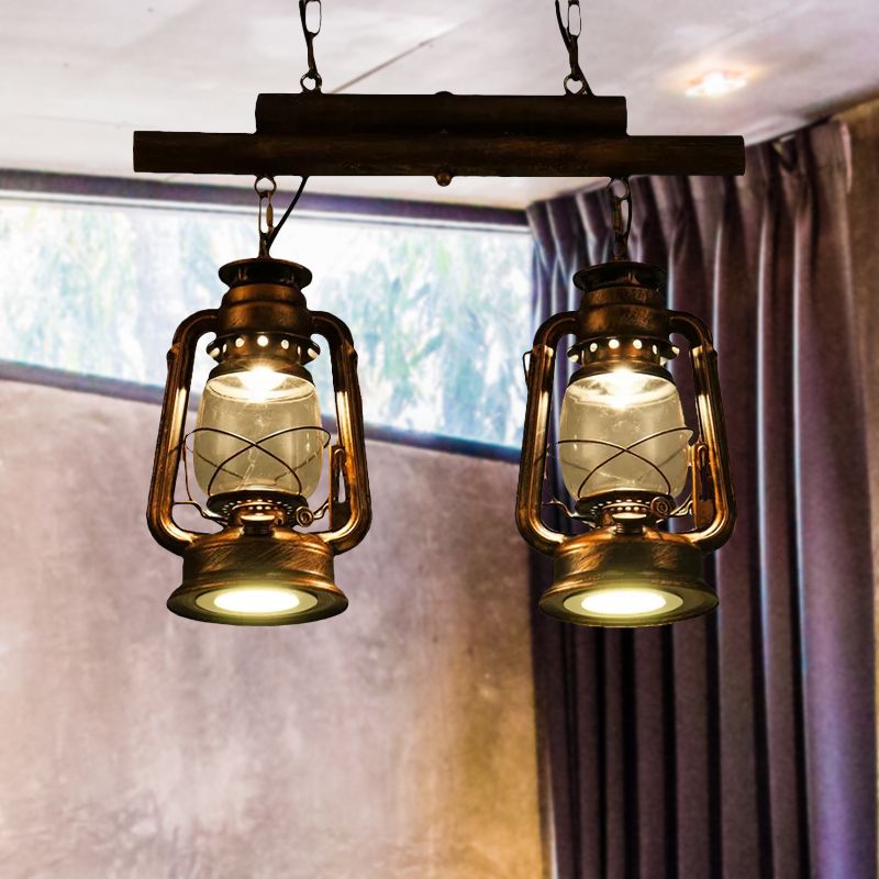 Bronze/Copper Lantern Island Light Fixture Coastal Clear Glass 2-Bulb Kitchen Hanging Lamp