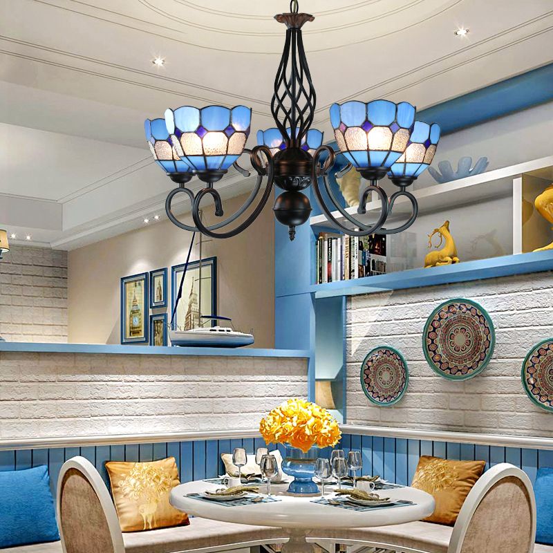 5 Lights Bowl Chandelier Lighting with Adjustable Chain Glass Shade Mediterranean Blue Pendant Light