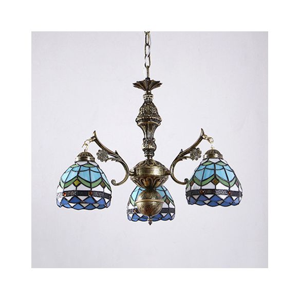 3 lichten semi -bol kroonluchter met hangende ketting gebrandschilderde glazen barok plafond hanger in blauw