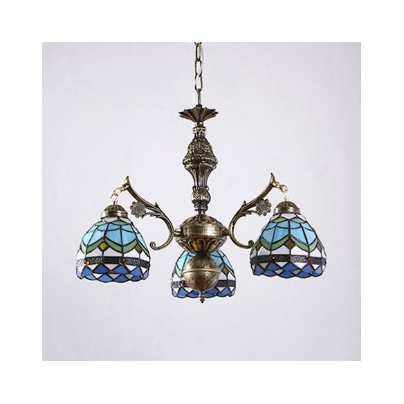 3 Lights Semi Globe Chandelier with Hanging Chain Stained Glass Baroque Ceiling Pendant in Blue