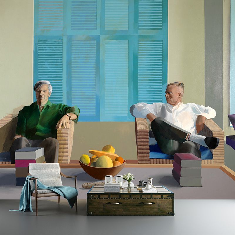Artistry Hockney Works Lovers Mural Blue and White Stain Resistant Wall Decor for Bedroom