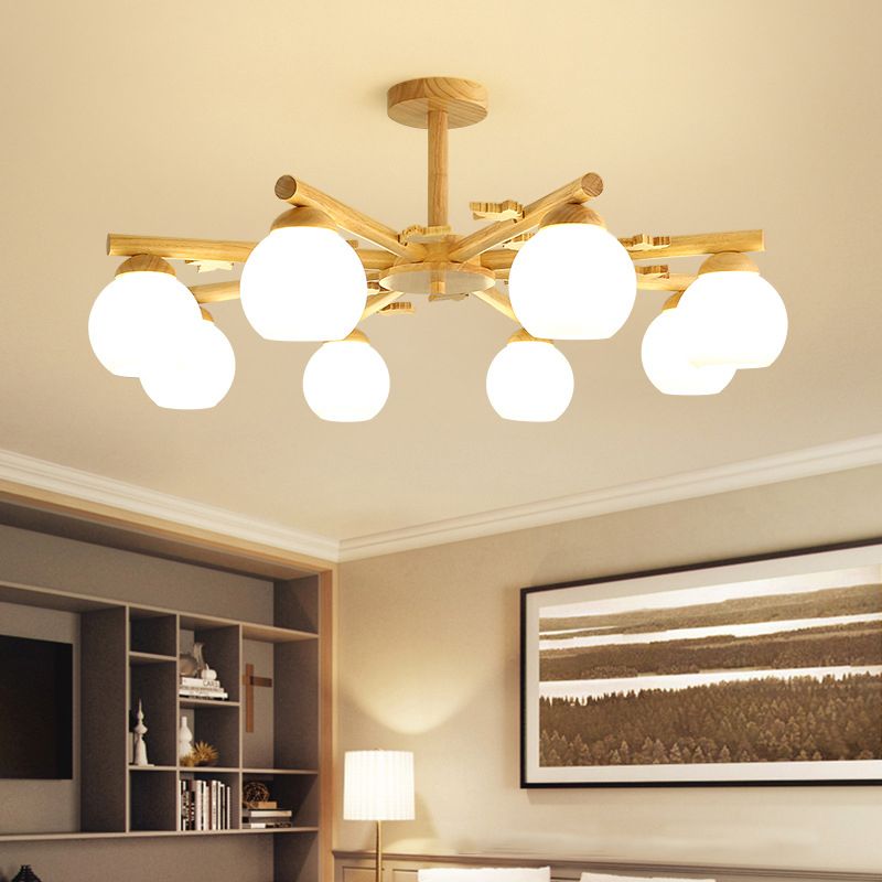 Moderne stijl houten kroonluchter witte bol glazen schaduw hangende verlichting armatuur voor salon