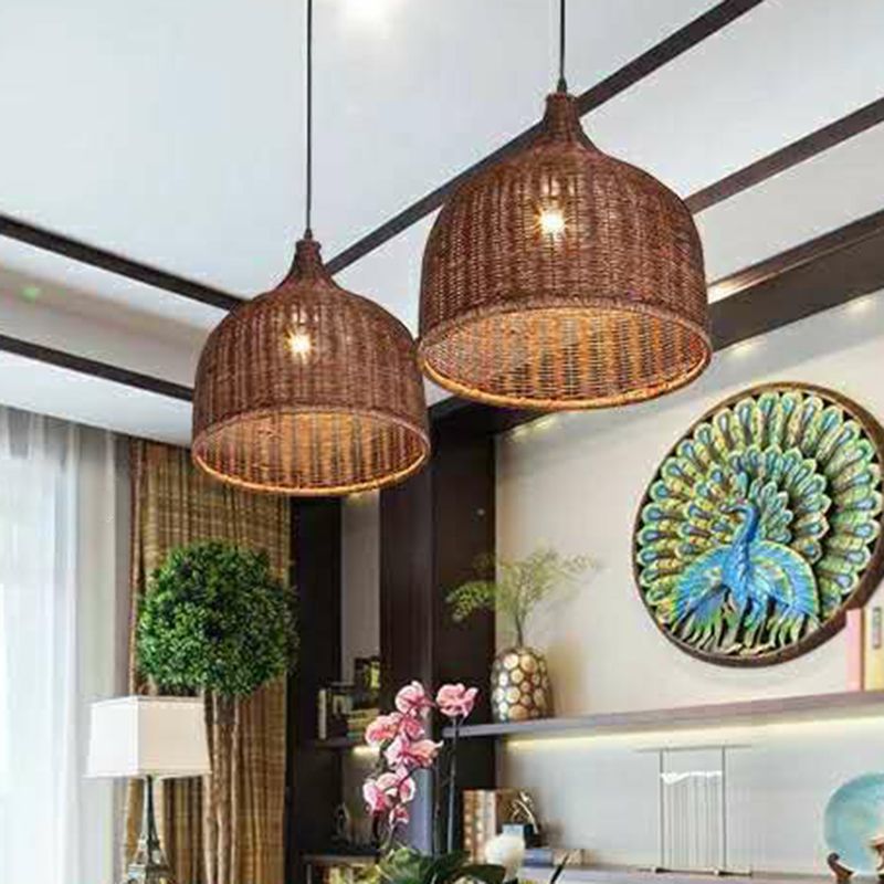 Hand-Braided Pendant Light Fixture Asia Bamboo 1 Bulb Restaurant Ceiling Hang Lamp
