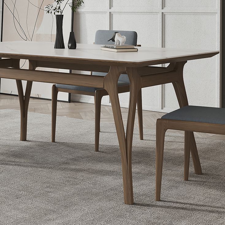 Mesa de comedor rectangular de piedra sinterizada Tapa de piedra blanca con base de madera y 4 patas