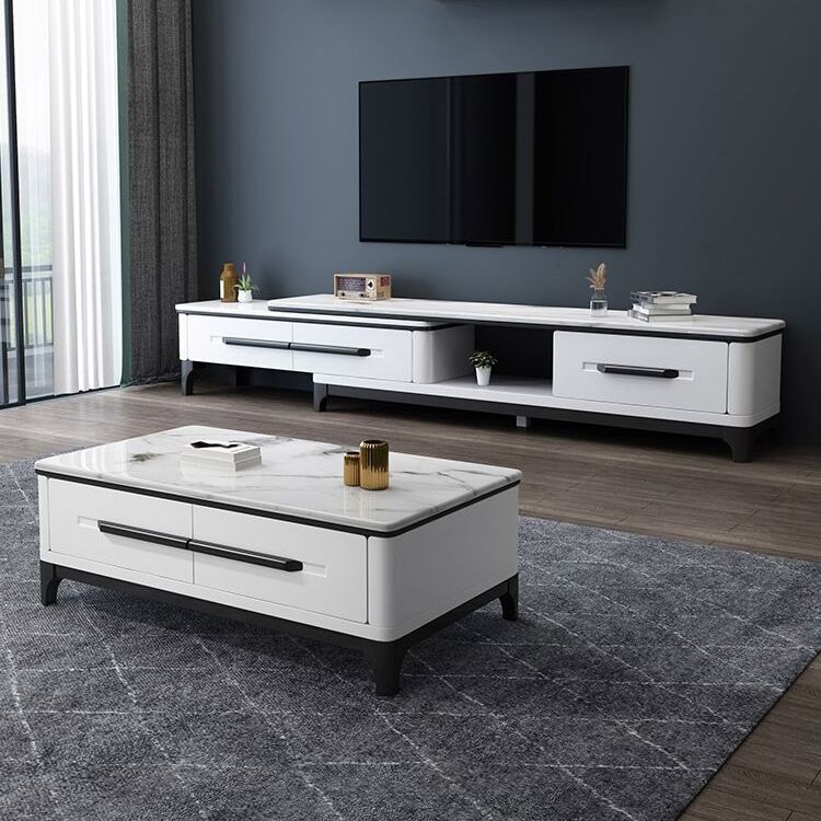 White Contemporary Rectangular Marble Coffee Cocktail Table with Storage
