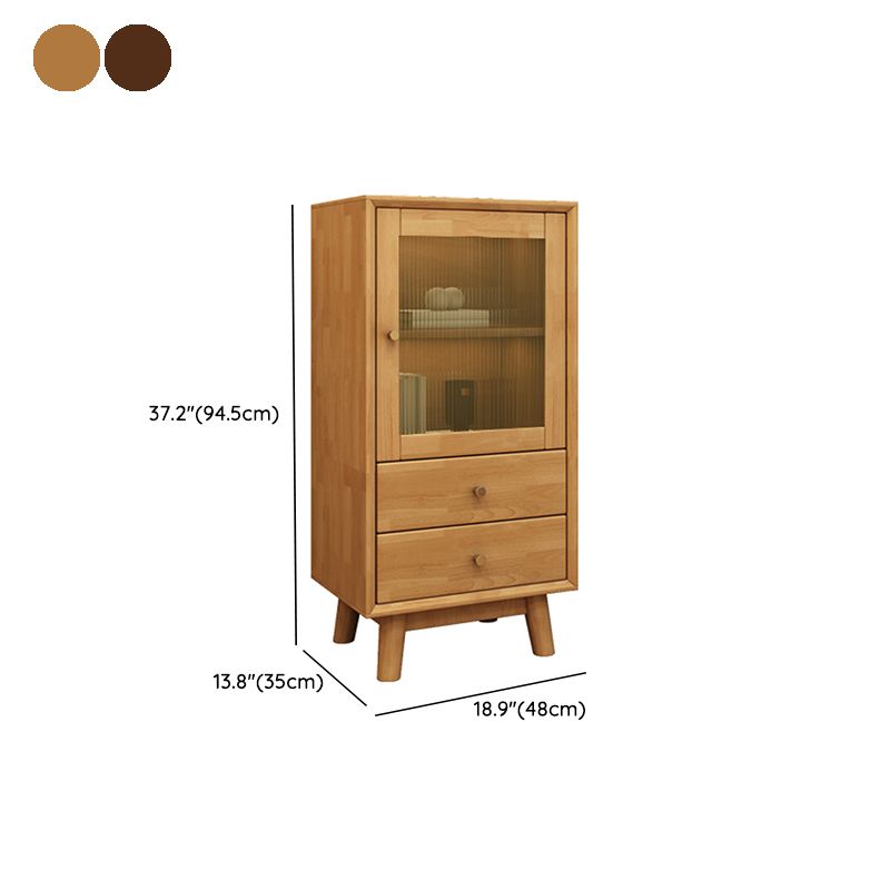 Mid Century Solid Wood 1-Door Cabinet Glass Paned Side Cabinet with 2-Drawer