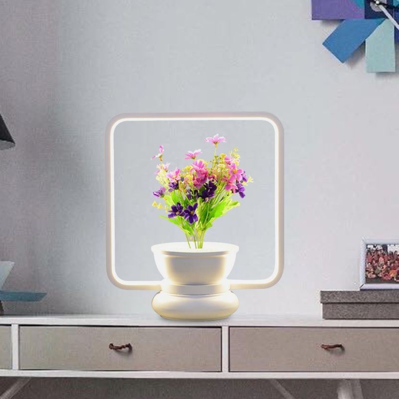 Runde/quadratische Schlafzimmer Tisch Leicht Industrial Metal LED Schwarz/Weiß Nachtlampe mit Pflanzendekoration, warmes/weißes Licht
