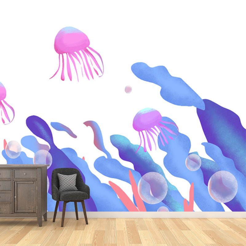 Kids Seaweed and Jellyfish Mural for Bedroom Personalized Wall Decor in Blue-Purple on White