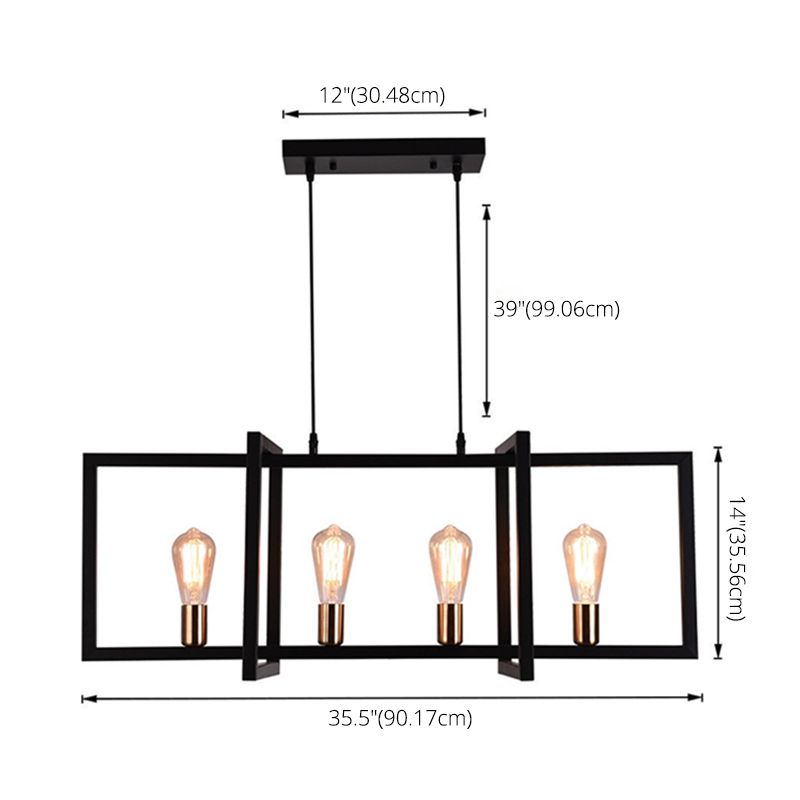 Rectangular Diner Hanging Lamp Industrial Metal 4-Bulb Black Cage Island Lighting