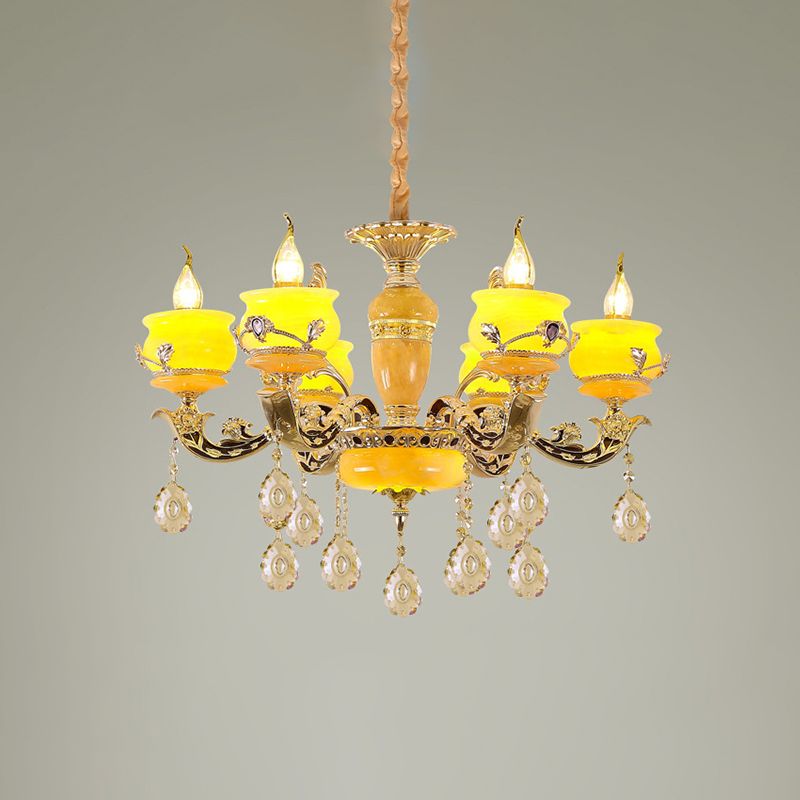 6/8 Lights Jade Ceiling Chandelier Antique Gold Candelabra Dining Room Pendant with Dangling Crystal