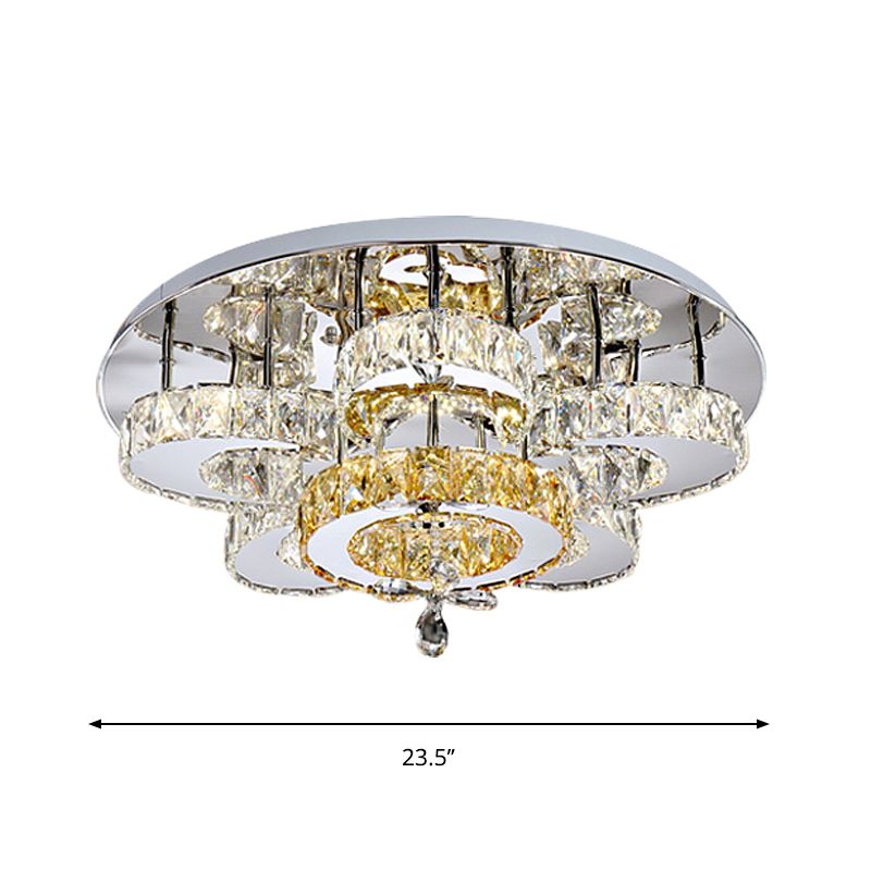 LED Bedroom Semi Mount Lighting Minimalism Chrome Ceiling Fixture with Floral Crystal Block Shade