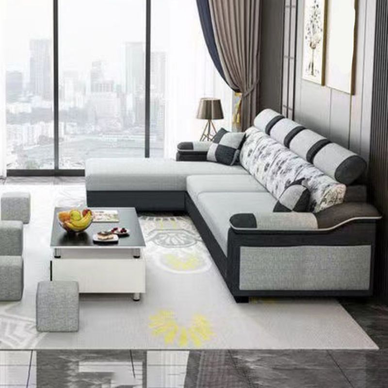 33.46" Tall Grey Sectional Sofa Faux Leather/Linen Flared Arm Modular Sofa