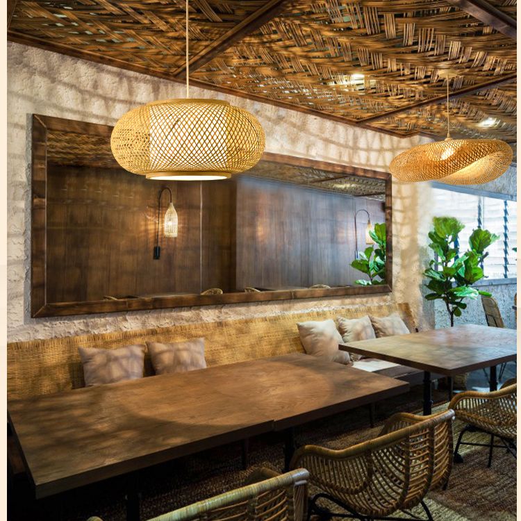 Bamboo & Rattan Weaving Drum Suspended Light Asian Style 1 Light Accent Pendant Lamp in Beige