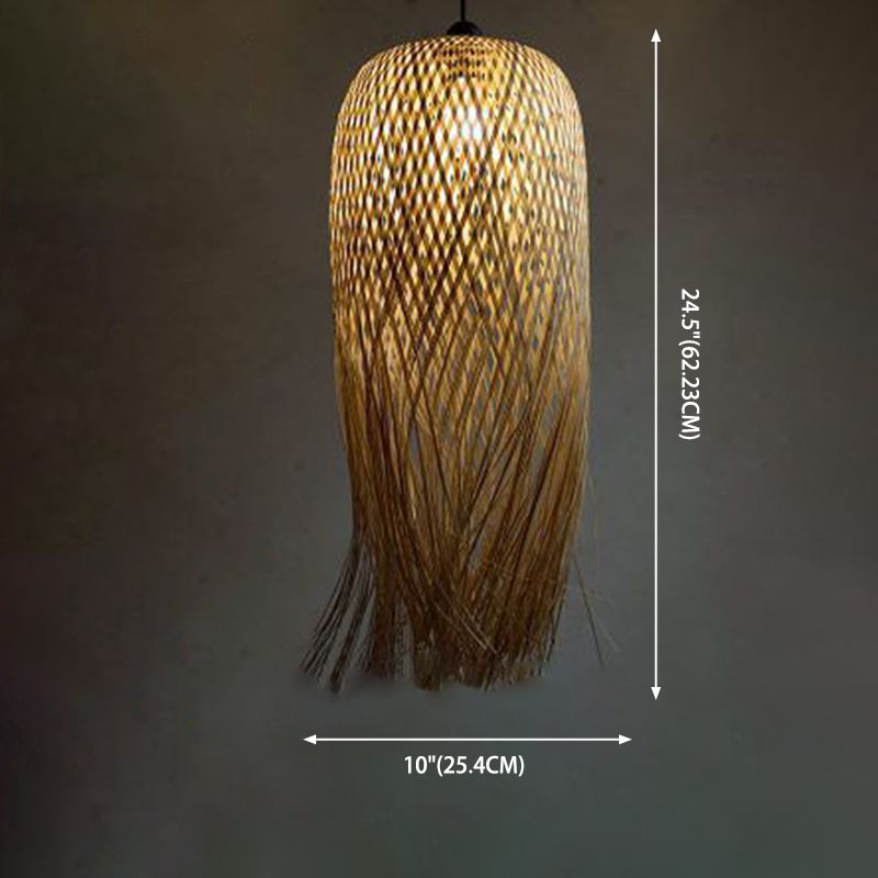Beige Hand-Woven Pendant Asia Art Deco 1 Bulb Bamboo Hanging Light for Dining Table