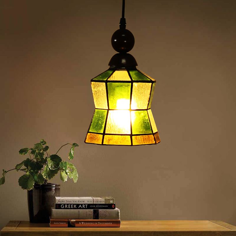 1 Light Geometric Pendant Tiffany Style Green Frosted Glass Hanging Light Fixture for Bedroom