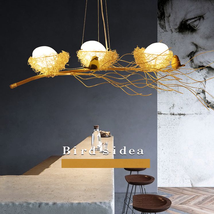 Bird and Nest Island Lampada decorativa in metallo in metallo appeso con tonalità in vetro di uova