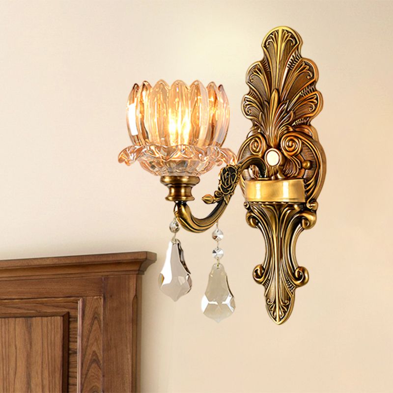 Mid Century Flower Shade Wall Sconce Light 1/2-Light Clear Glass Wall Mount Lamp in Brass