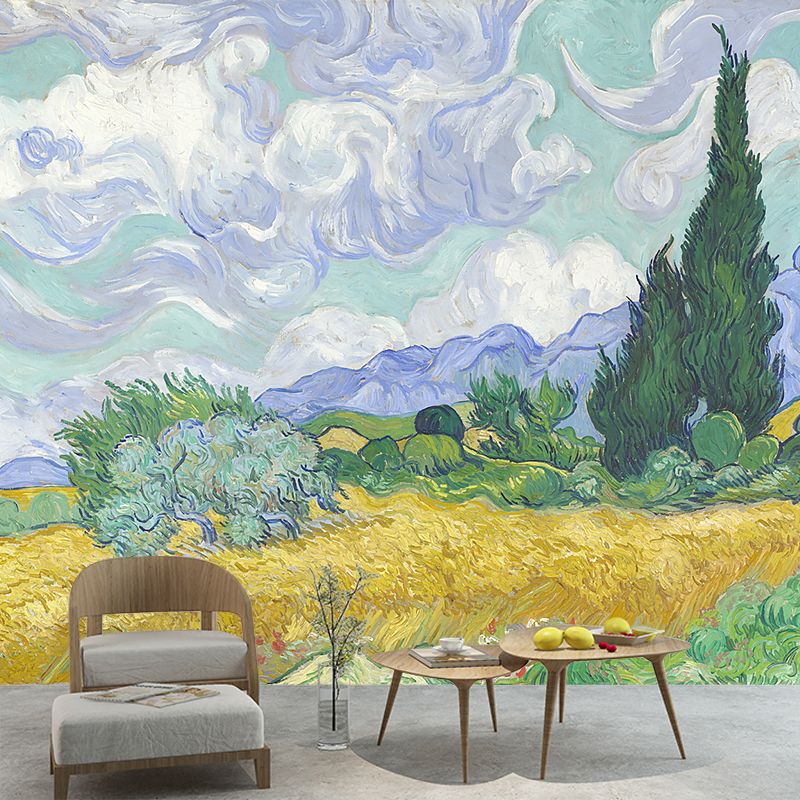 Wheat Field with Cypresses Mural Classic Moisture Resistant Bedroom Wall Covering, Optional Size