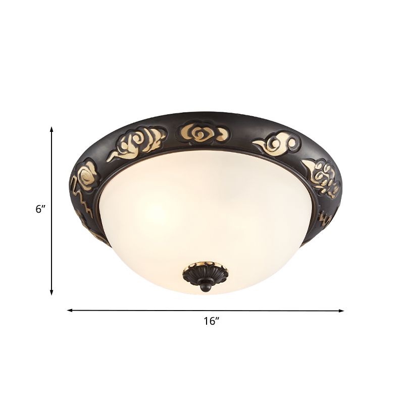 3/4-Head Cream Glass Ceiling Fixture Retro Black Dome Bedroom Flush Mount Recessed Lighting with Embossed Rose Edge