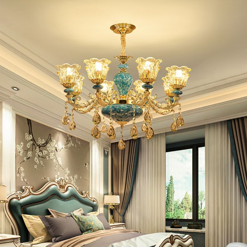 2-Layered Flower Chandelier Vintage Gold Finish Clear Glass Hanging Ceiling Light