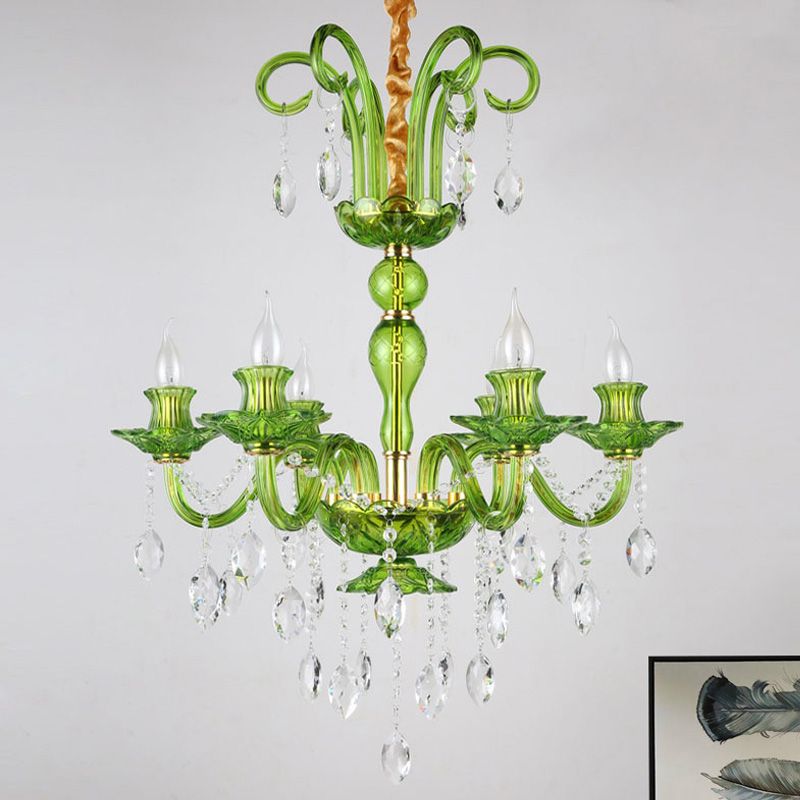 Candle Green Glass Chandelier Lamp Traditional 6 Heads Dining Room Hanging Ceiling Light with Crystal Drip Decoration