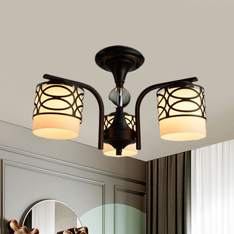Cilinder woonkamer semi spoeling licht armatuur rustieke opaalglas 3/6/8 koppen zwarte metalen dicht bij plafondlamp