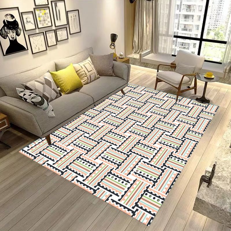 Pink Bedroom Rug Modern Stripes Pattern Area Rug Polyester Washable Anti-Slip Backing Carpet