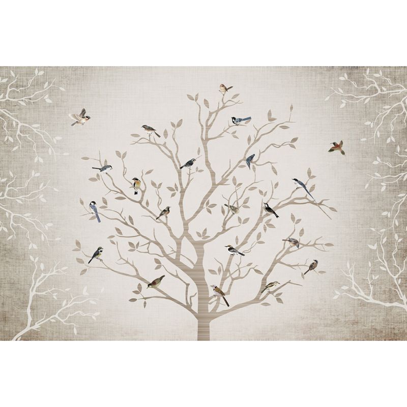 Non-Woven Whole Grey Mural Modern Bare Tree with Birds Wall Covering, Made to Measure