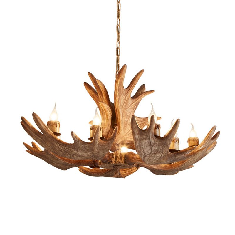 10 Lights Hanging Lamp Kit Lodge Faux Moose Horn Resin Chandelier Pendant in Brown
