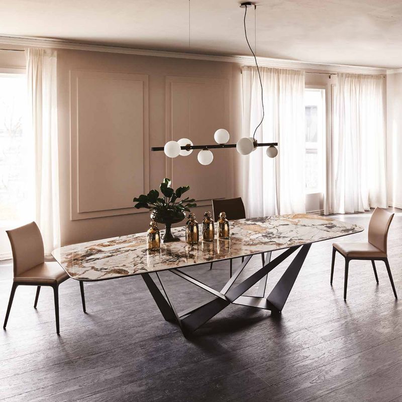 Industrial Sintered Stone Table for Restaurant Rectangle Dining Table with Black Pedestal
