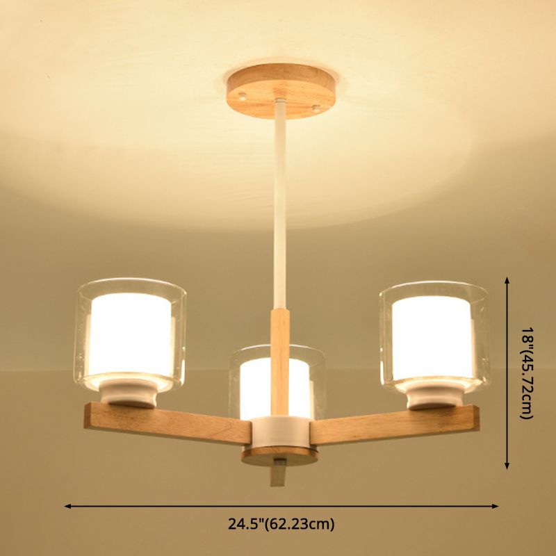 Cylinder Chandelier Lighting Fixtures Modern White Glass Suspension Light With Wooden Stand for Living Room