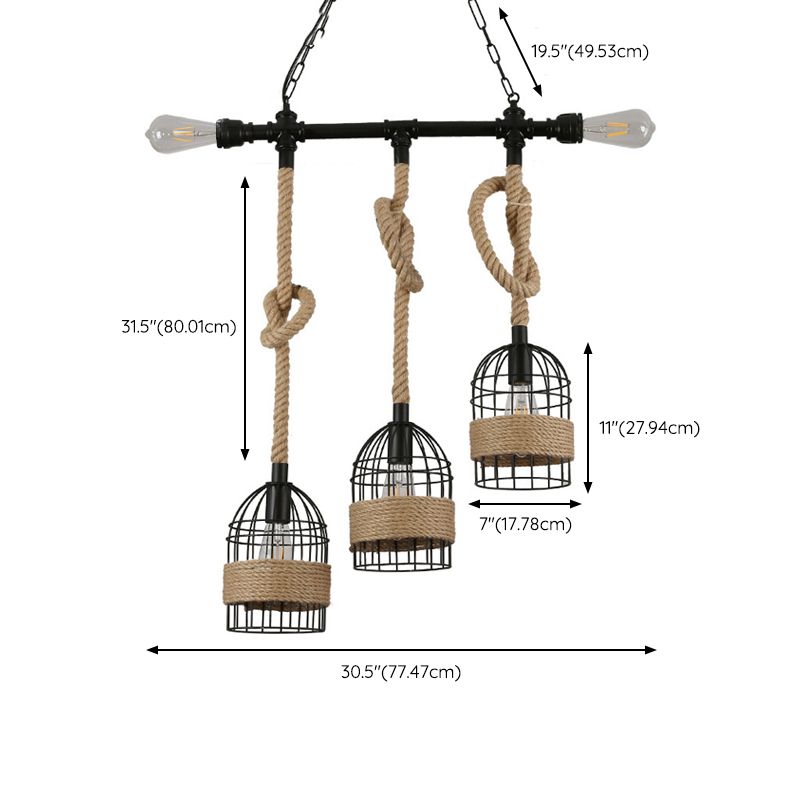 3 - Light Industrial Kitchen Island Lighting Metal & Hemp Rope Ceiling Fixture in Black