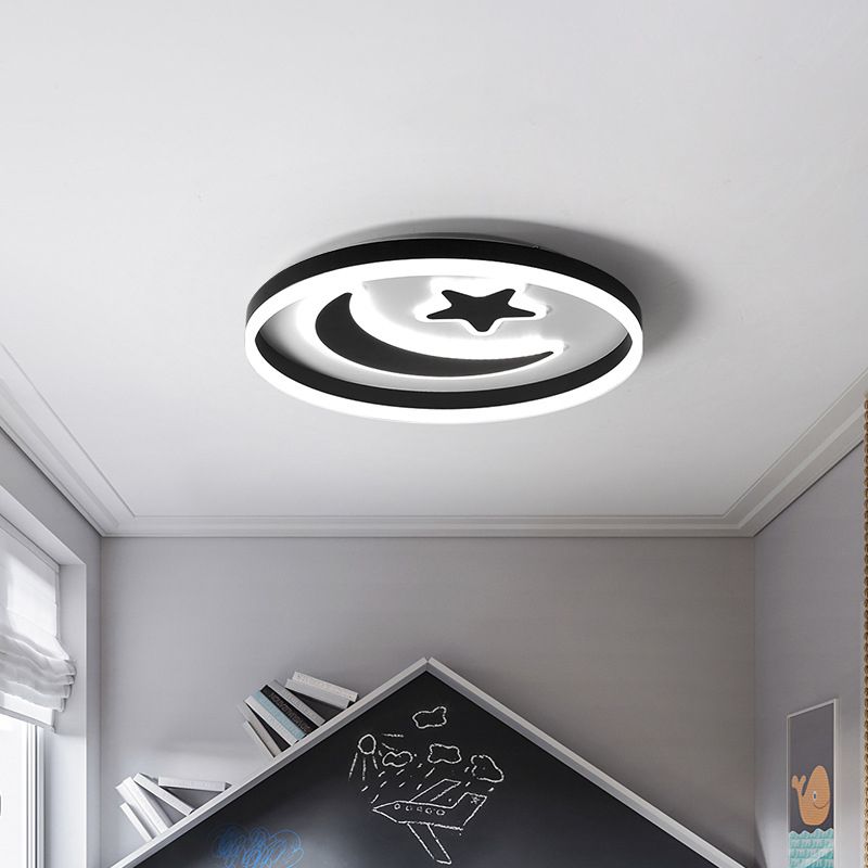 Kids Circular Flush Mount Lighting Acrylic Bedroom LED Ceiling Light with Moon-Star Pattern in Black/White/Pink